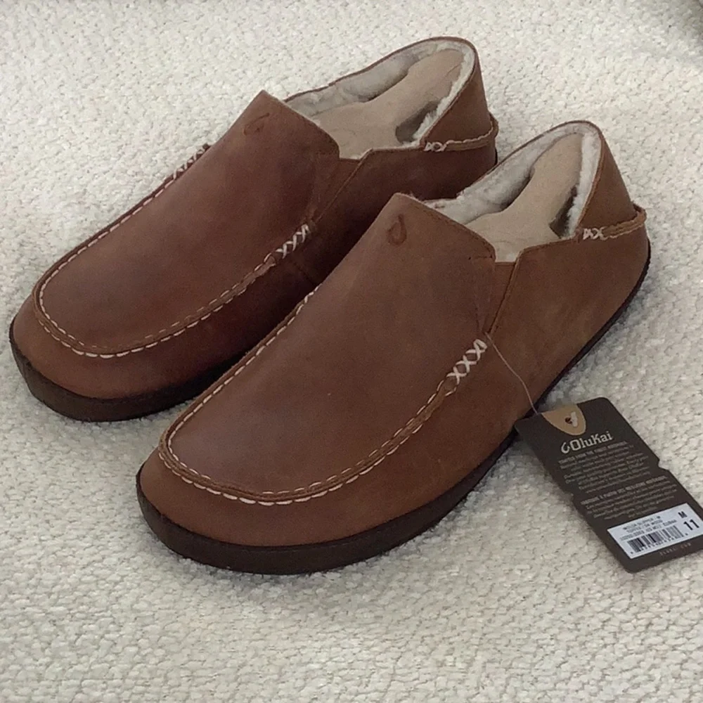 Olukai Men’s Brown Leather Slip-On Moccasin